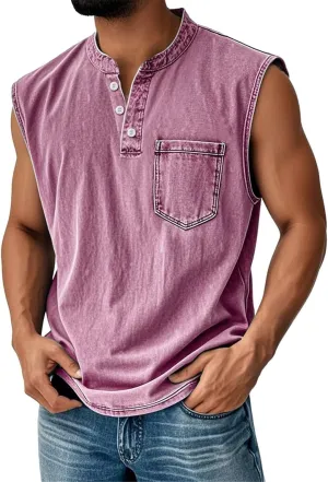 Men Muscle Tank Top Vintage Distressed Washed Henley Neck Sleeveless Gym Workout Shirts Big and Tall Beach t Shirts
