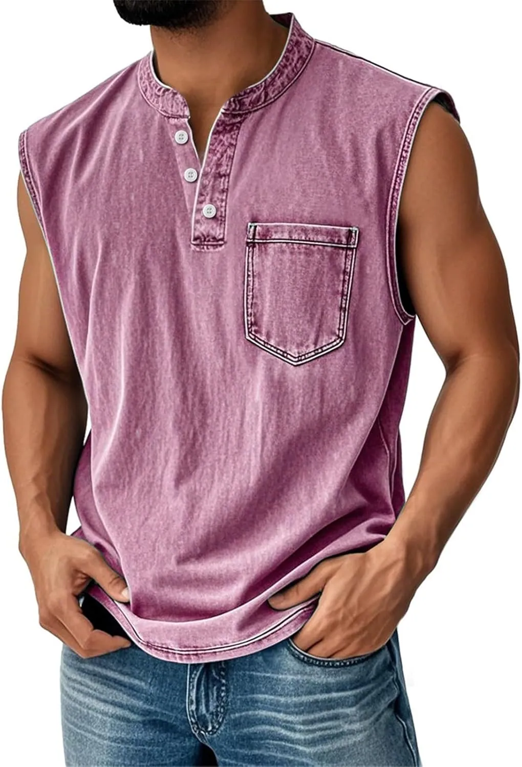 Men Muscle Tank Top Vintage Distressed Washed Henley Neck Sleeveless Gym Workout Shirts Big and Tall Beach t Shirts