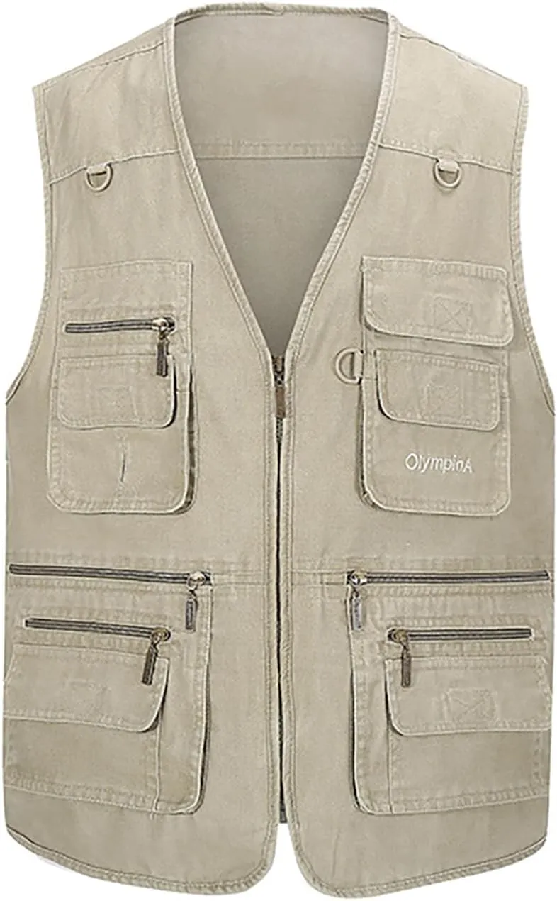 Mens Safari Travel Photo Vest Outdoor Fishing Multi Pocket Jacket Beige