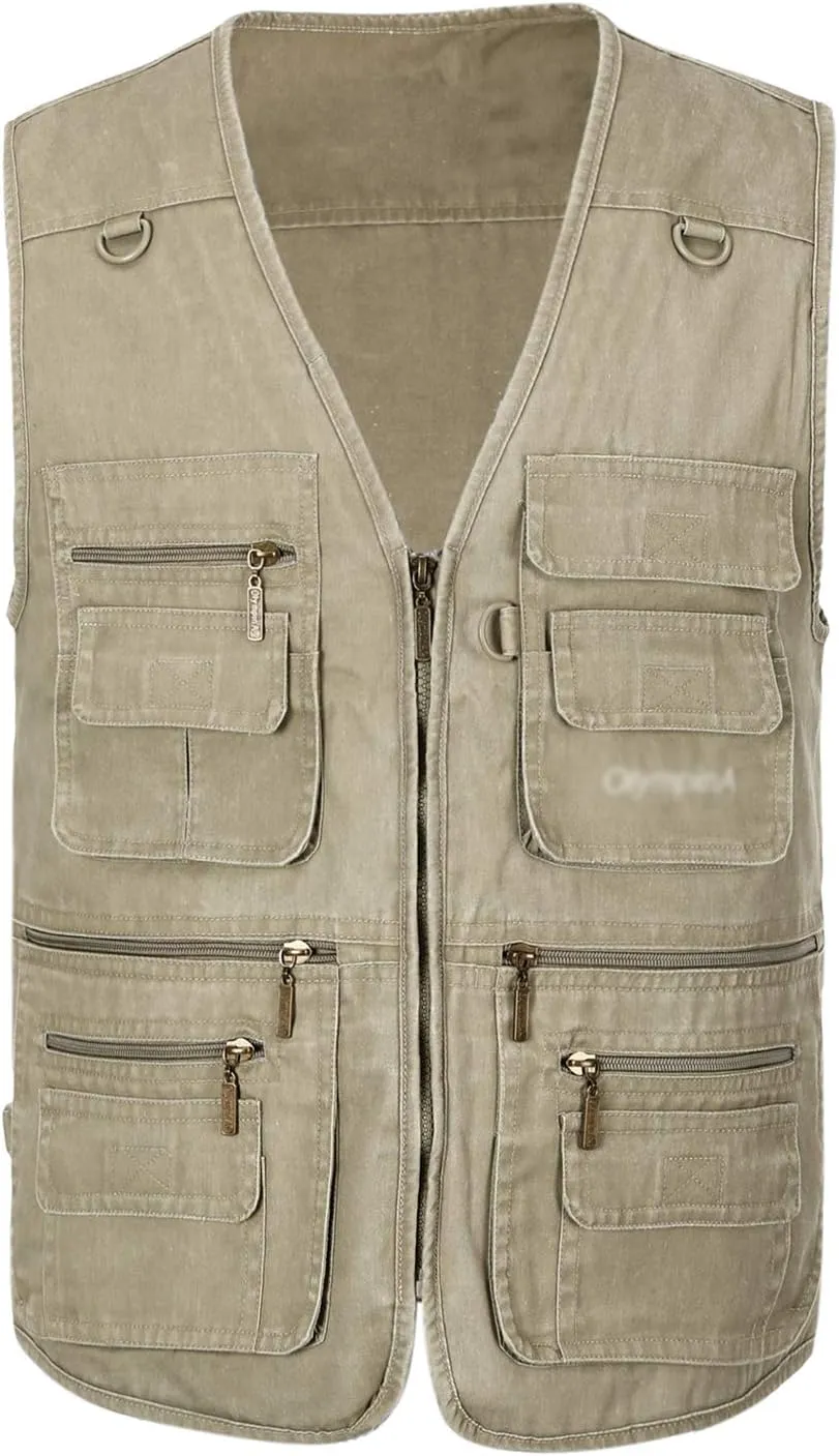 Mens Safari Travel Photo Vest Outdoor Fishing Multi Pocket Jacket Beige