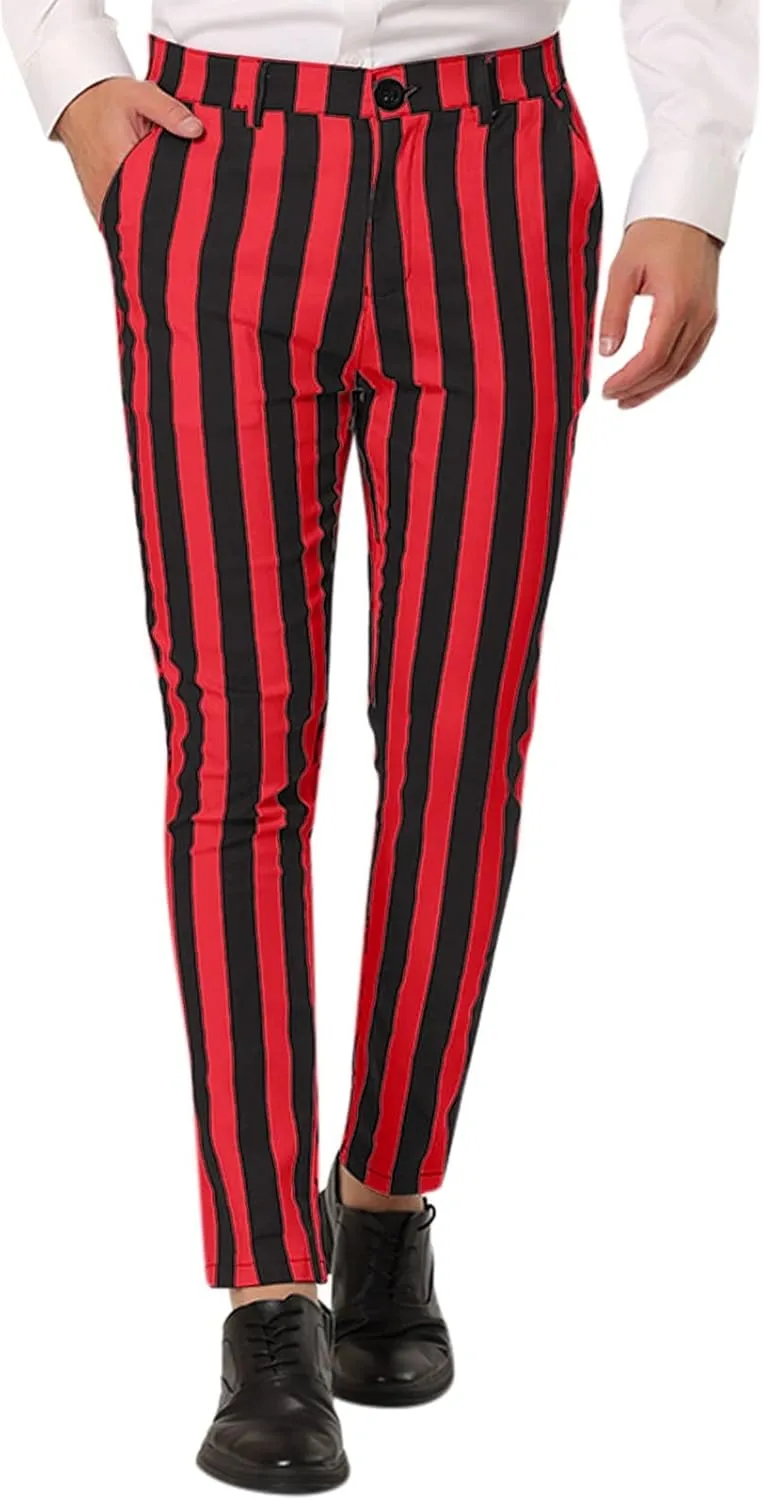 Mens Striped Stretch Dress Pants Slim Fit Skinny Fashion Chino Pants Casual Business Golf Flat Front Long Suit Pant
