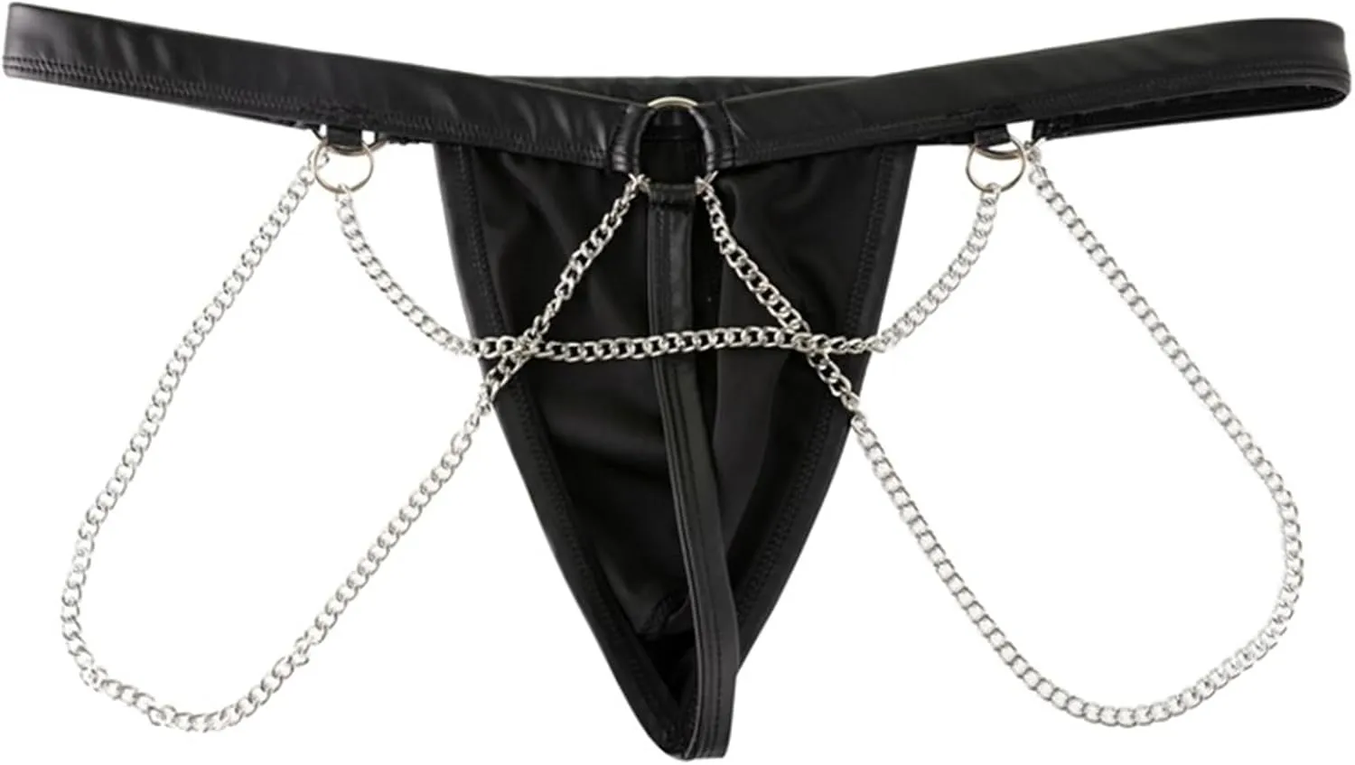 Men's Thong Faux Leather Underwear Hollow Out Jockstrap Chains Briefs Bulge Pouch Panties