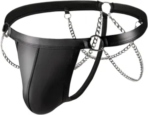 Men's Thong Faux Leather Underwear Hollow Out Jockstrap Chains Briefs Bulge Pouch Panties