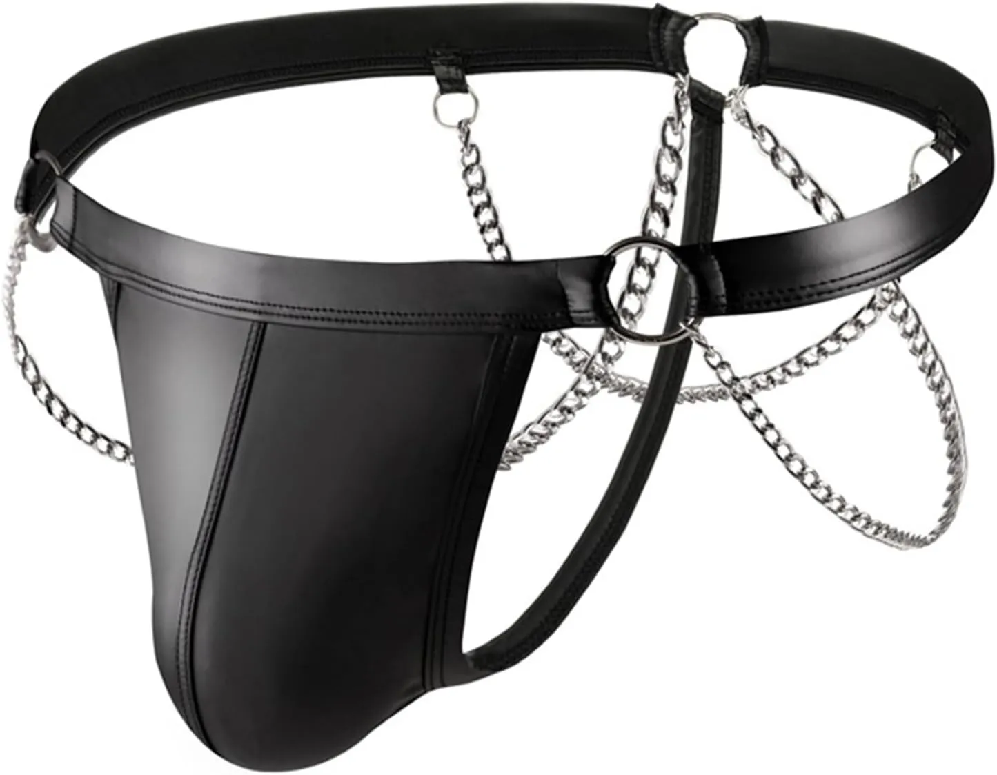 Men's Thong Faux Leather Underwear Hollow Out Jockstrap Chains Briefs Bulge Pouch Panties