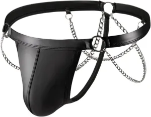 Mens Thongs Faux Leather Underwear Low Rise Jockstrap Chains Briefs Bulge Pouch Panties