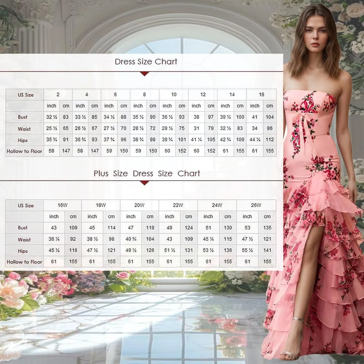 Mermaid Floral Prom Dresses with Slit Chiffon Strapless Tiered Formal Evening Gown for Women