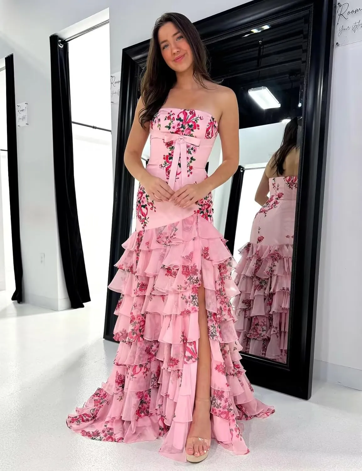 Mermaid Floral Prom Dresses with Slit Chiffon Strapless Tiered Formal Evening Gown for Women