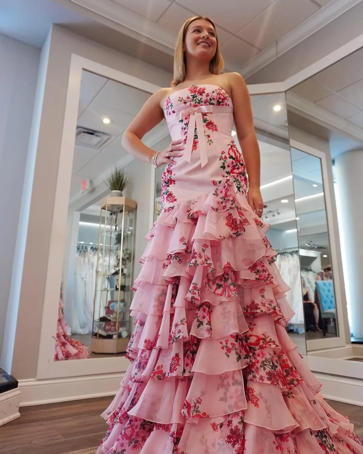 Mermaid Floral Prom Dresses with Slit Chiffon Strapless Tiered Formal Evening Gown for Women