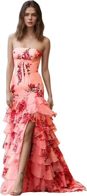 Mermaid Floral Prom Dresses with Slit Chiffon Strapless Tiered Formal Evening Gown for Women