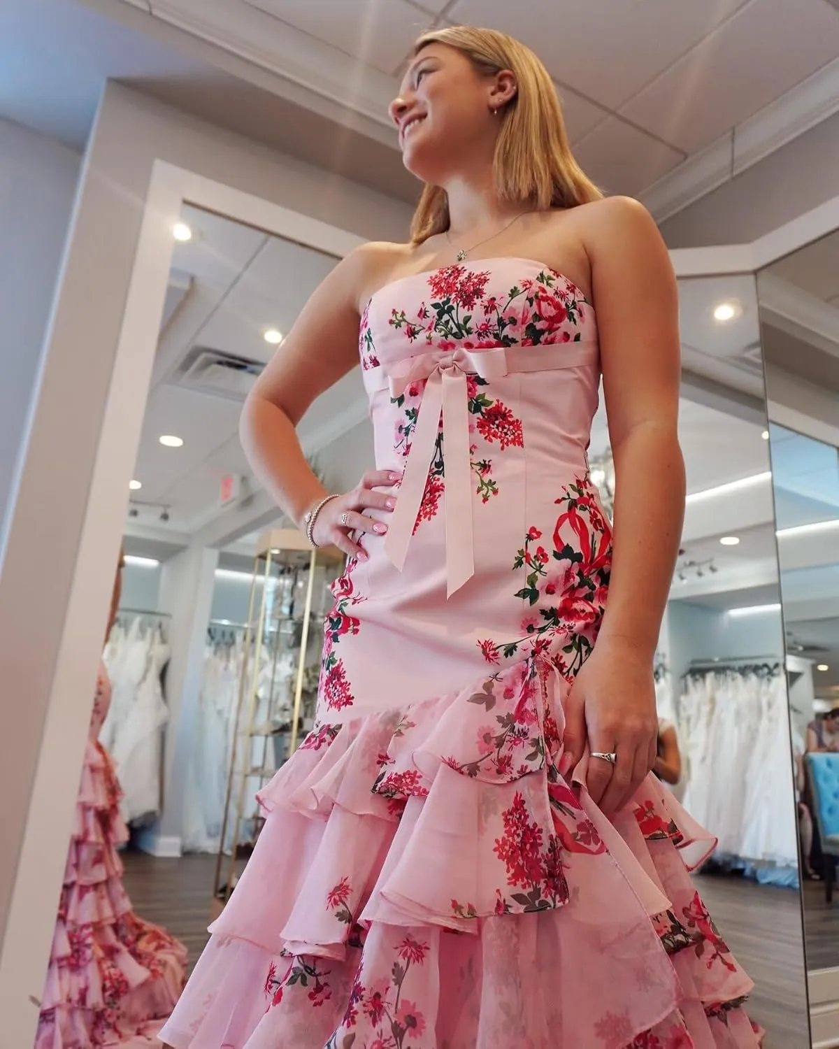 Mermaid Floral Prom Dresses with Slit Chiffon Strapless Tiered Formal Evening Gown for Women