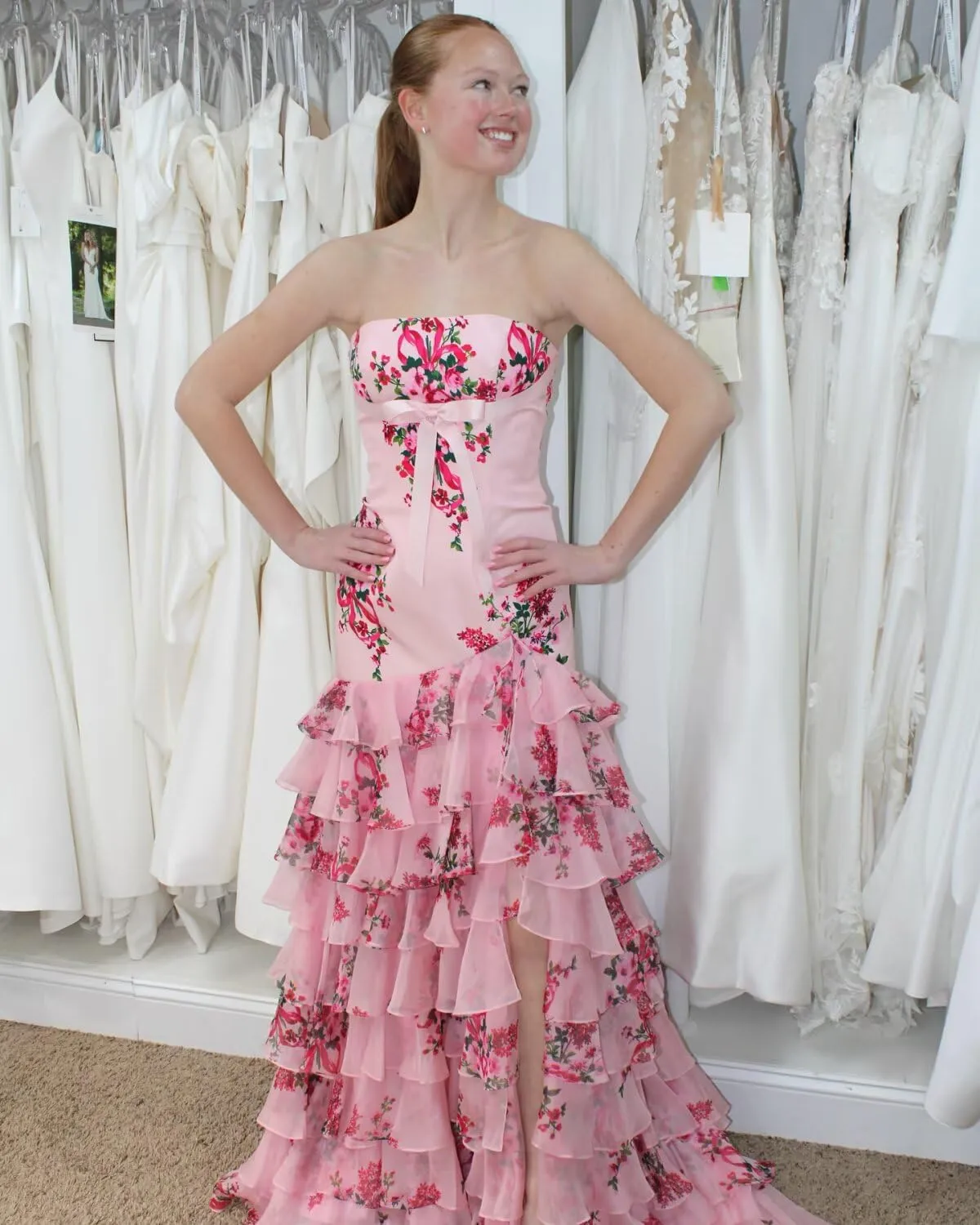 Mermaid Floral Prom Dresses with Slit Chiffon Strapless Tiered Formal Evening Gown for Women