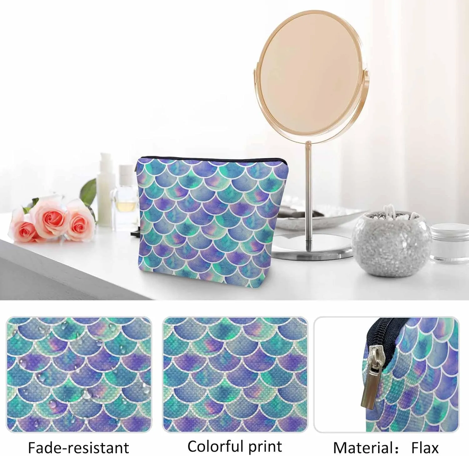 Mermaid Scale Makeup Organizer Bag Cosmetic Bag For Men Women, Rainbow Galaxy Mermaid Tail Scales Travel Toiletry Bag Flax Makeup Bags Purse Business Makeup Pouch For Toiletries Cosmetics