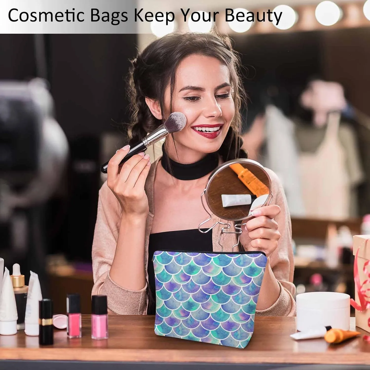 Mermaid Scale Makeup Organizer Bag Cosmetic Bag For Men Women, Rainbow Galaxy Mermaid Tail Scales Travel Toiletry Bag Flax Makeup Bags Purse Business Makeup Pouch For Toiletries Cosmetics