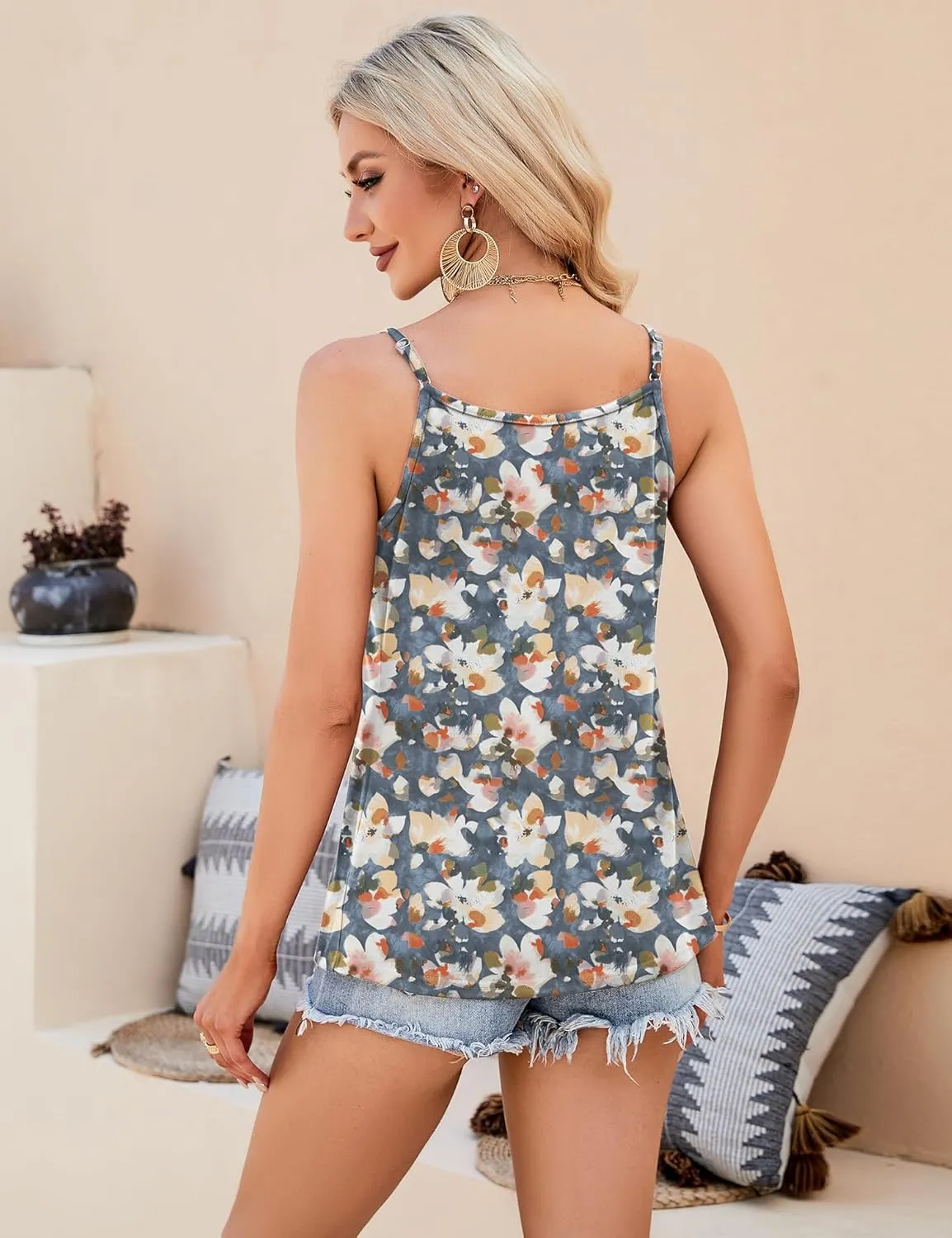 Micoson Flowy Camisole for Women Scoop Neck Adjustable Spaghetti Strap Casual Pleated Basic Tank Tops