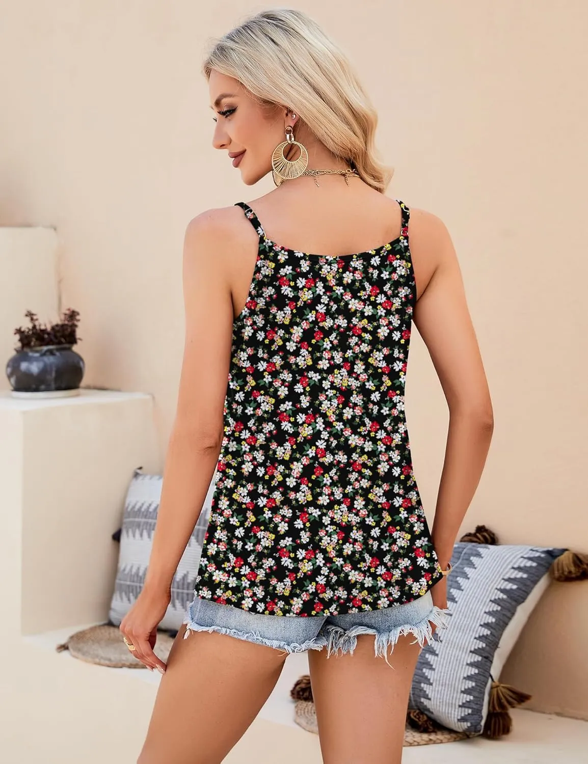 Micoson Flowy Camisole for Women Scoop Neck Adjustable Spaghetti Strap Casual Pleated Basic Tank Tops