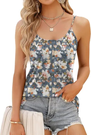 Micoson Flowy Camisole for Women Scoop Neck Adjustable Spaghetti Strap Casual Pleated Basic Tank Tops