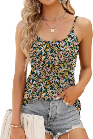 Micoson Flowy Camisole for Women Scoop Neck Adjustable Spaghetti Strap Casual Pleated Basic Tank Tops