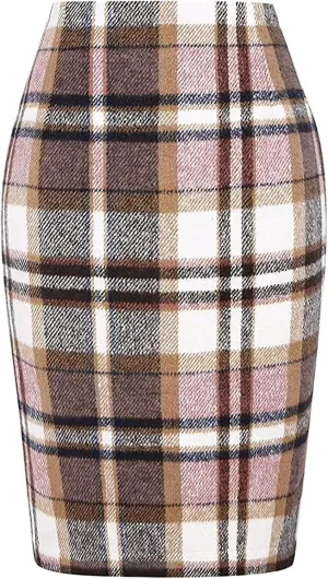 Midi Plaid Skirts for Women High Waisted Knee Length Wool Skirt 2024 Trendy Slim Fit Fall Winter Bodycon Wrap Skirt