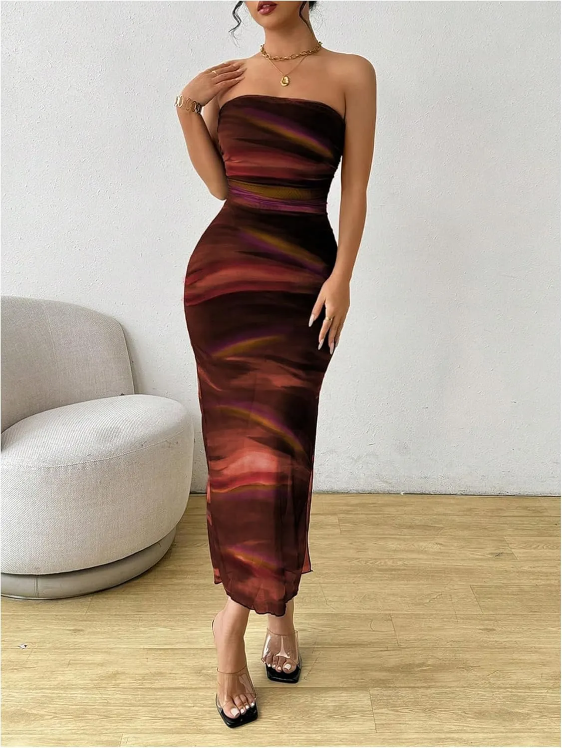 Milumia Women's Summer Printed Ruched Strapless Mesh Tube Dress Split Maxi Dresses