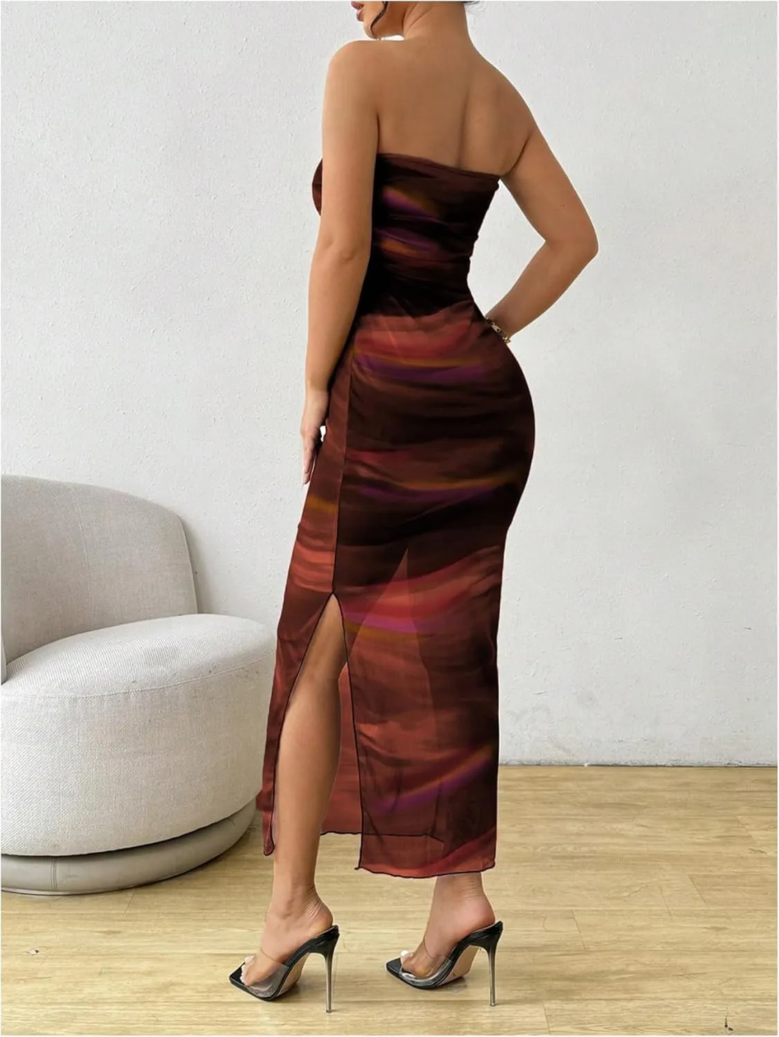 Milumia Women's Summer Printed Ruched Strapless Mesh Tube Dress Split Maxi Dresses