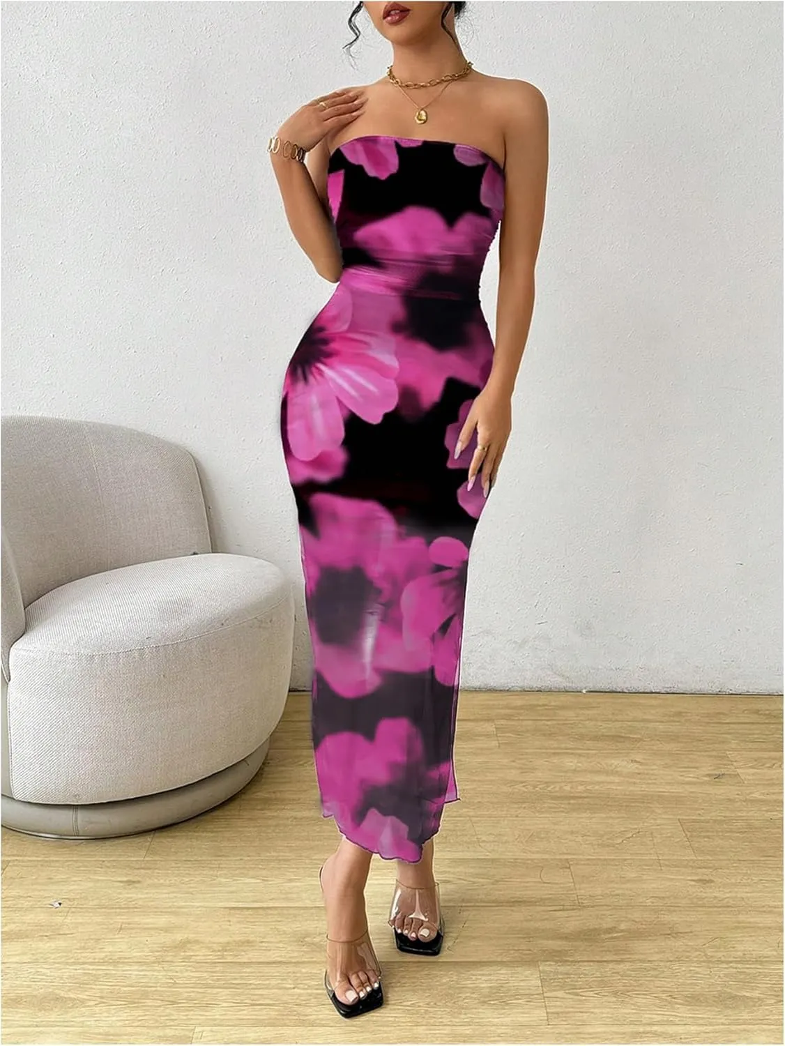 Milumia Women's Summer Printed Ruched Strapless Mesh Tube Dress Split Maxi Dresses