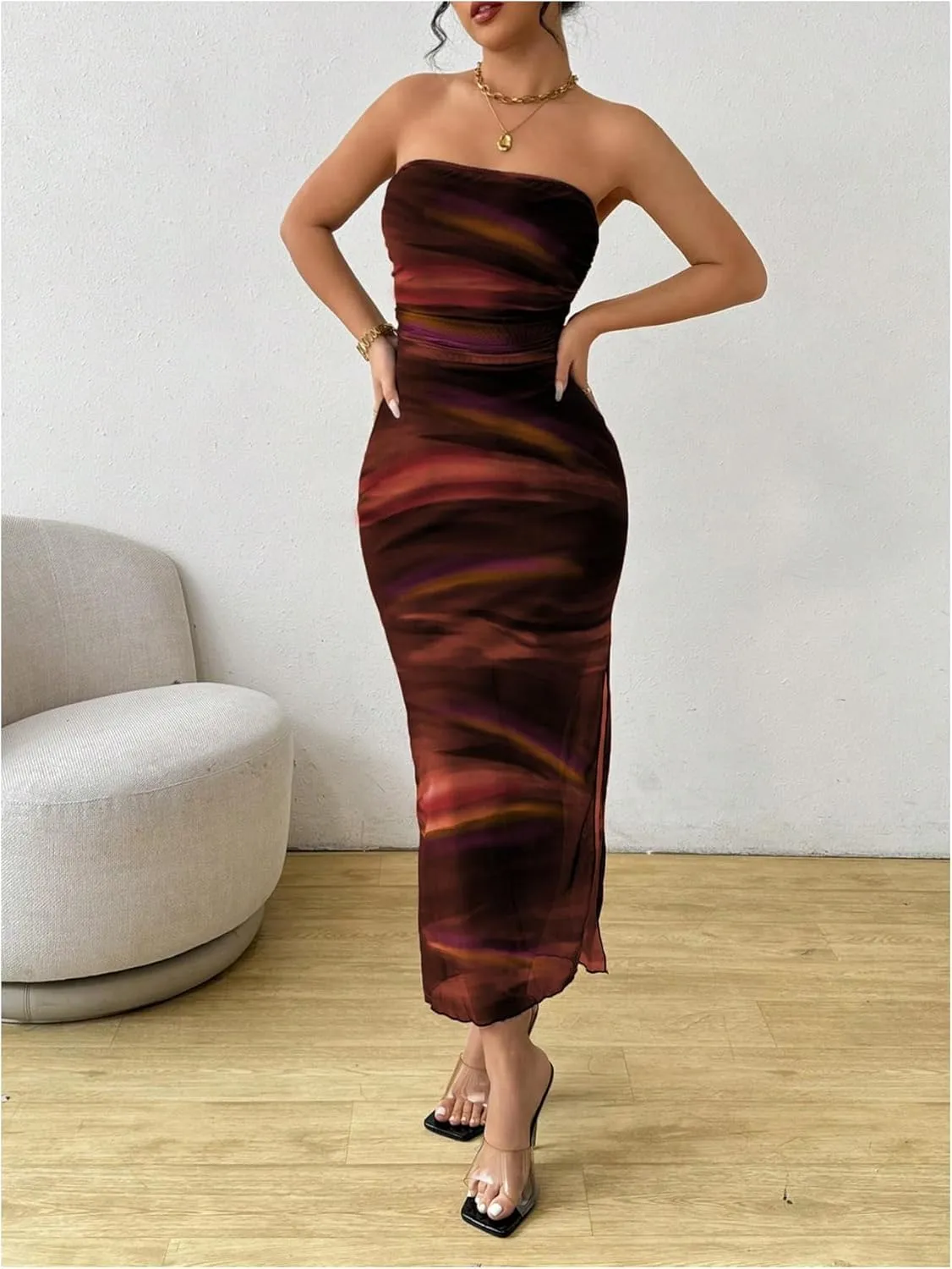 Milumia Women's Summer Printed Ruched Strapless Mesh Tube Dress Split Maxi Dresses
