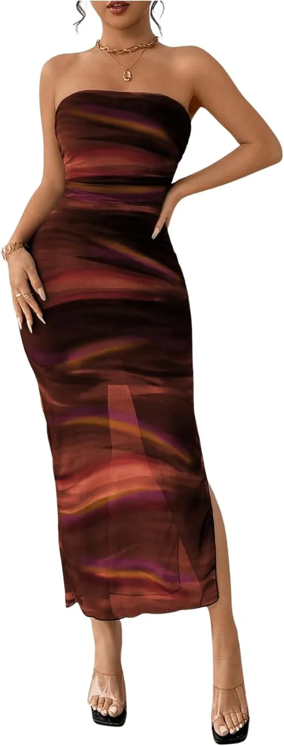 Milumia Women's Summer Printed Ruched Strapless Mesh Tube Dress Split Maxi Dresses