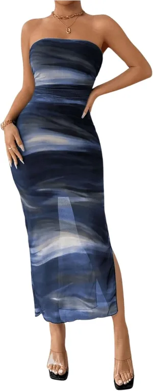 Milumia Women's Summer Printed Ruched Strapless Mesh Tube Dress Split Maxi Dresses