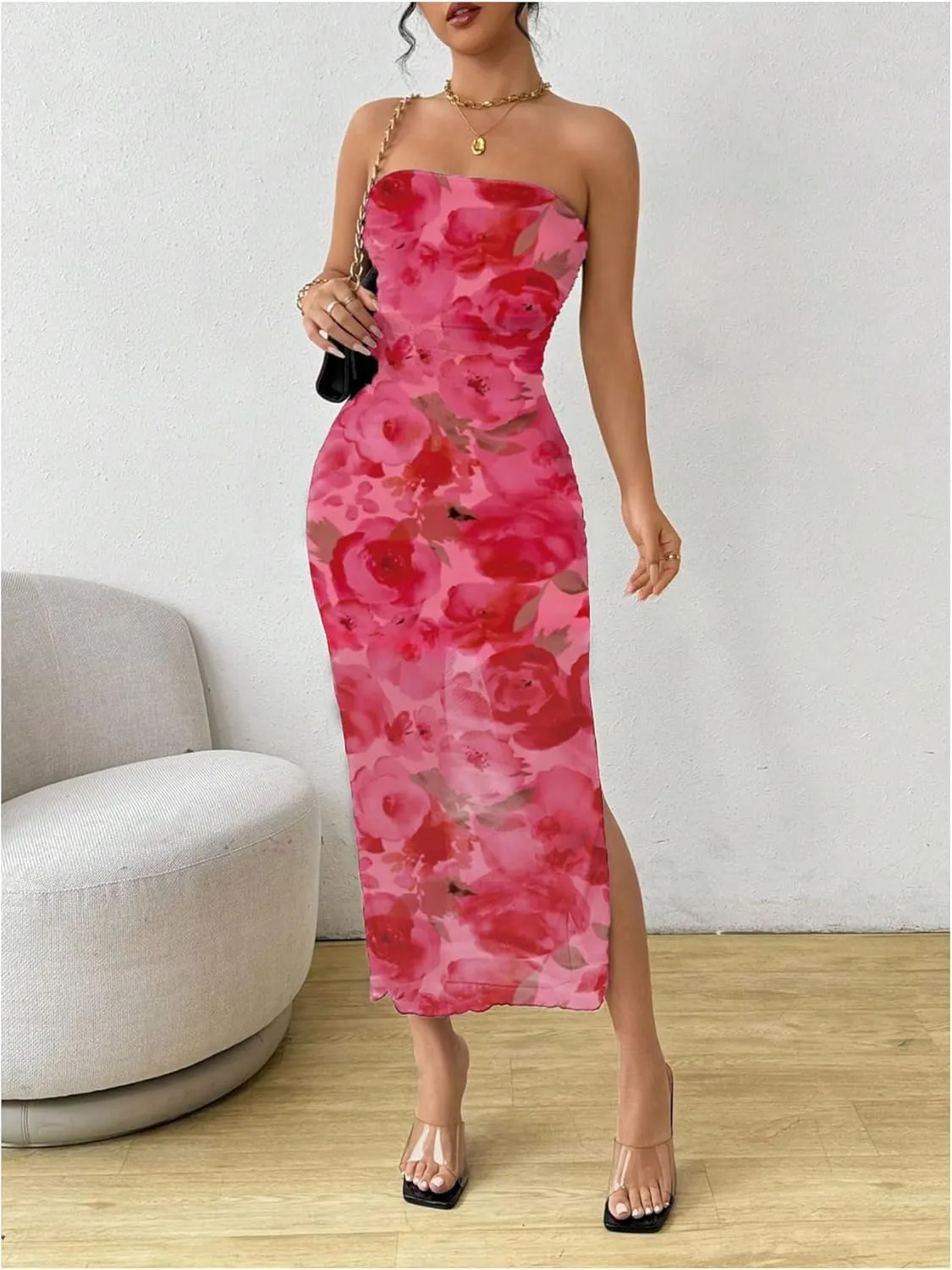 Milumia Women's Summer Printed Ruched Strapless Mesh Tube Dress Split Maxi Dresses