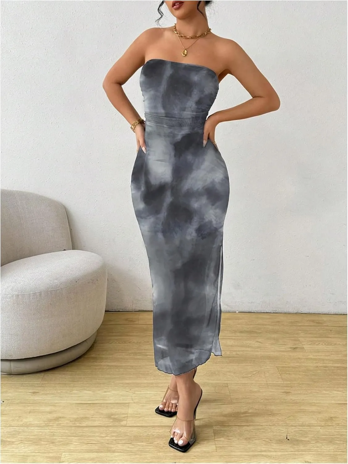 Milumia Women's Summer Printed Ruched Strapless Mesh Tube Dress Split Maxi Dresses