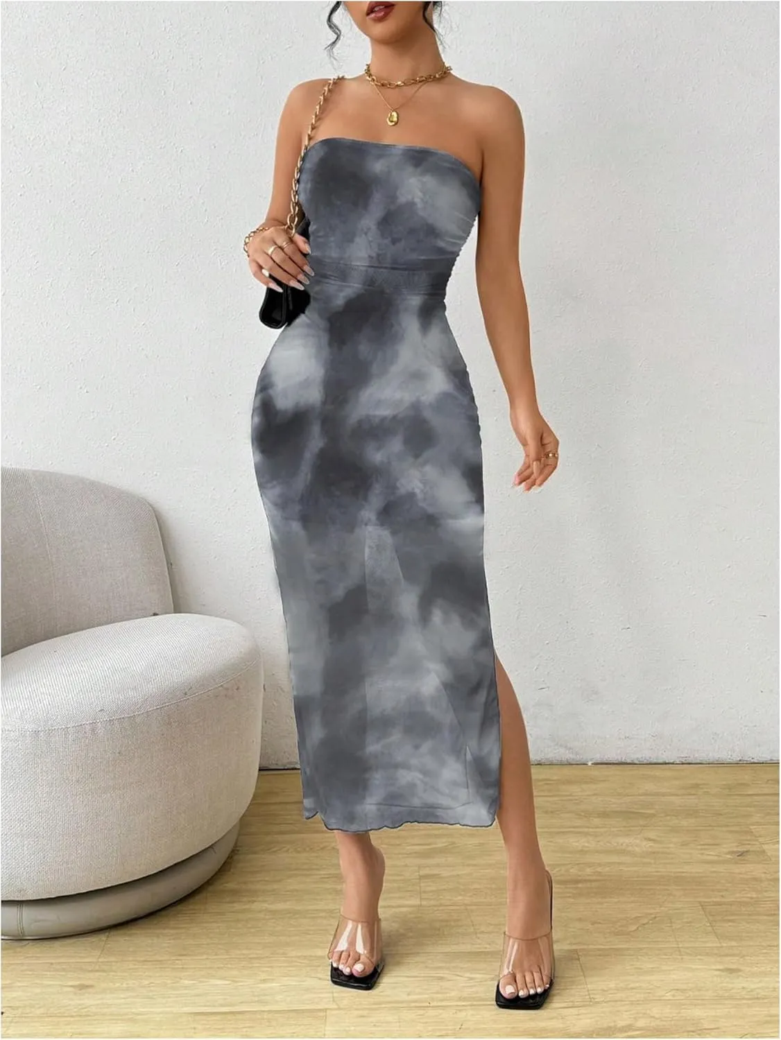 Milumia Women's Summer Printed Ruched Strapless Mesh Tube Dress Split Maxi Dresses