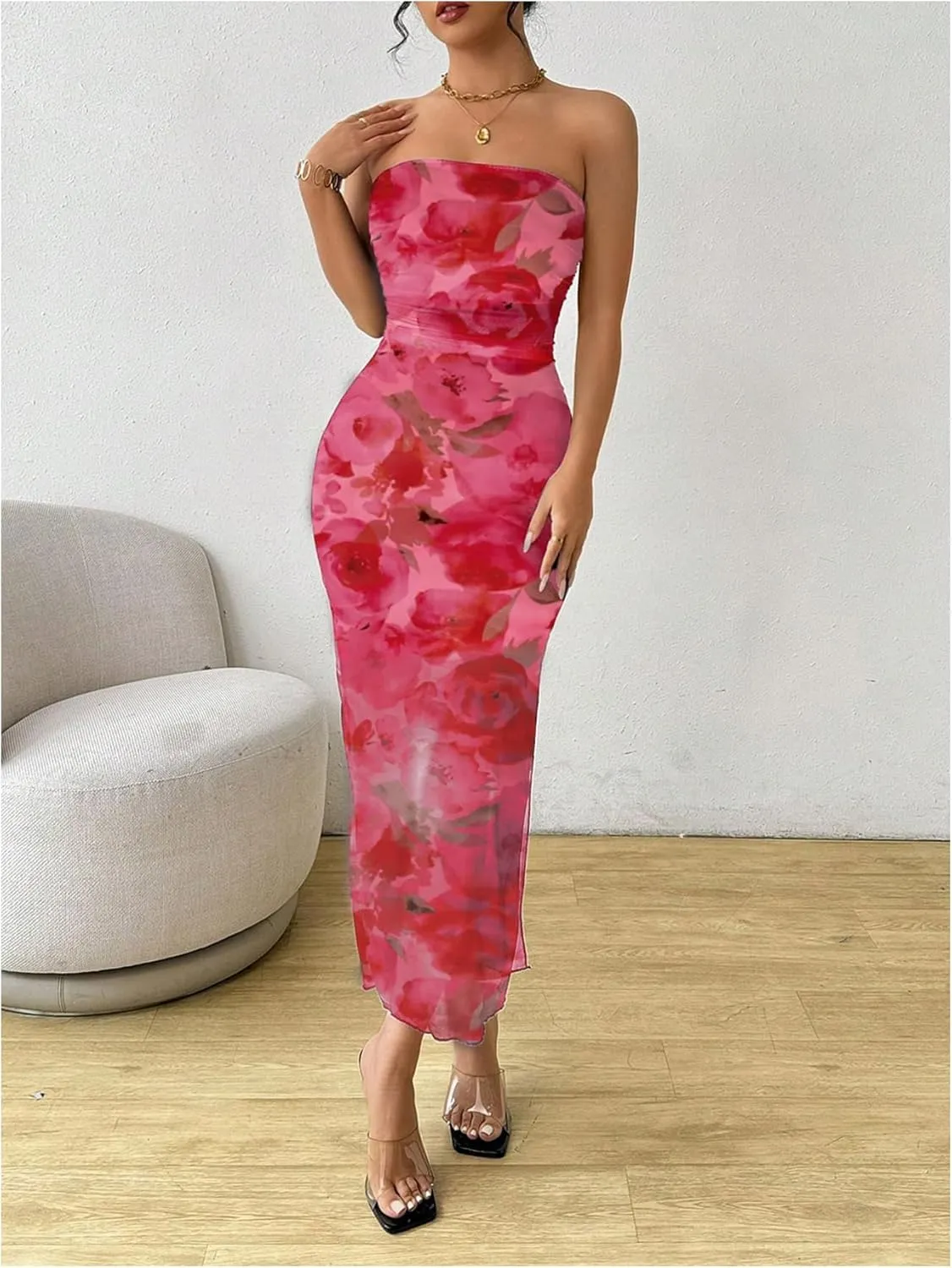 Milumia Women's Summer Printed Ruched Strapless Mesh Tube Dress Split Maxi Dresses