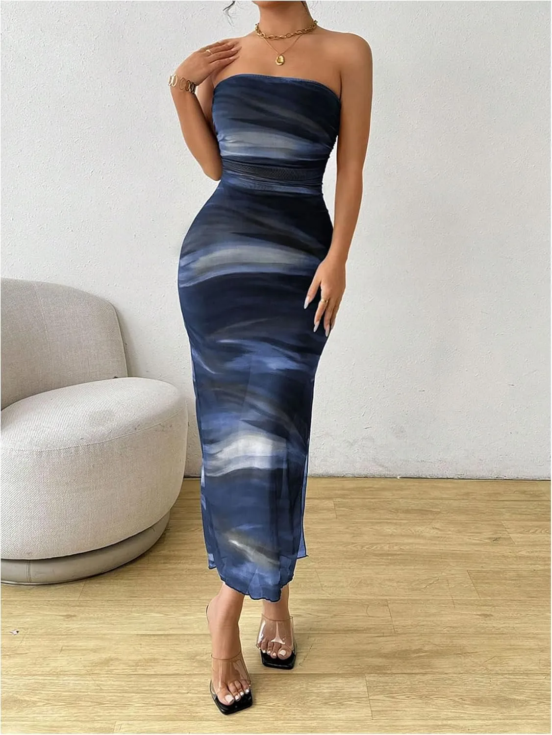 Milumia Women's Summer Printed Ruched Strapless Mesh Tube Dress Split Maxi Dresses