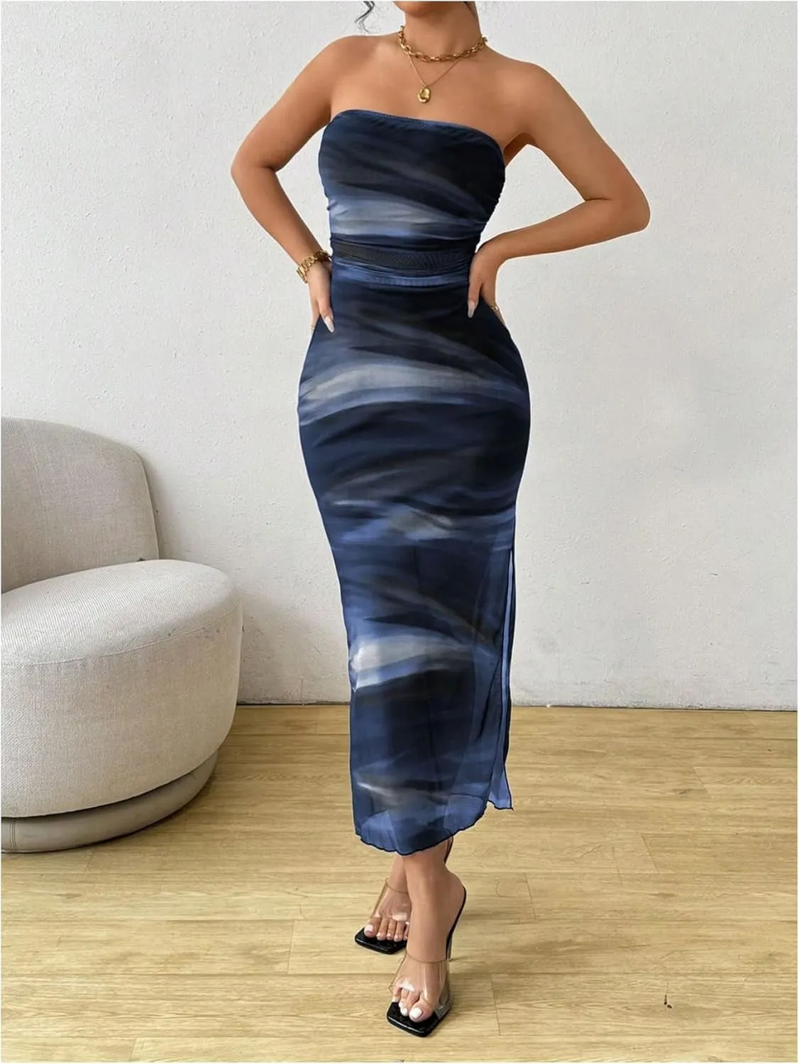Milumia Women's Summer Printed Ruched Strapless Mesh Tube Dress Split Maxi Dresses
