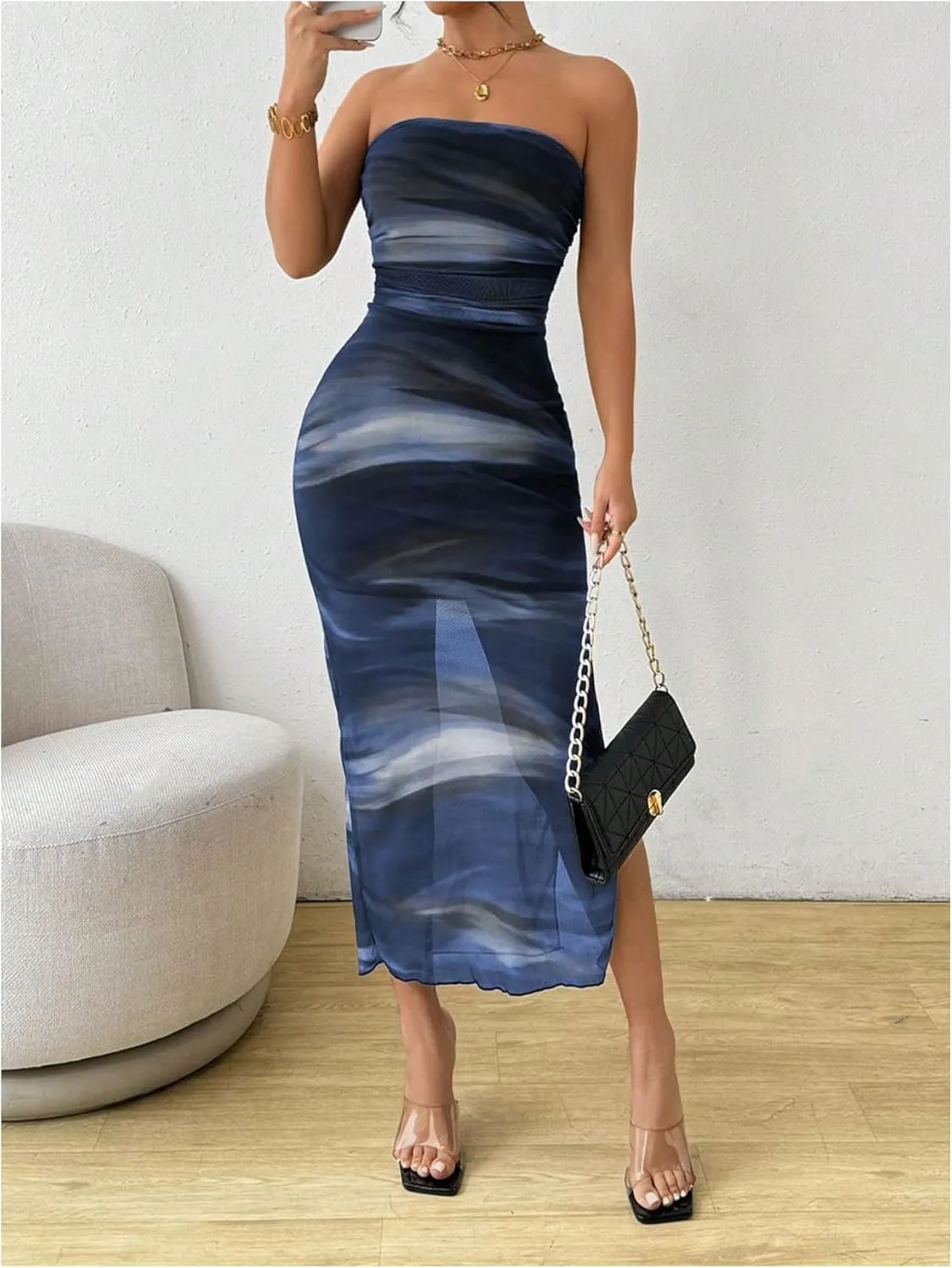 Milumia Women's Summer Printed Ruched Strapless Mesh Tube Dress Split Maxi Dresses
