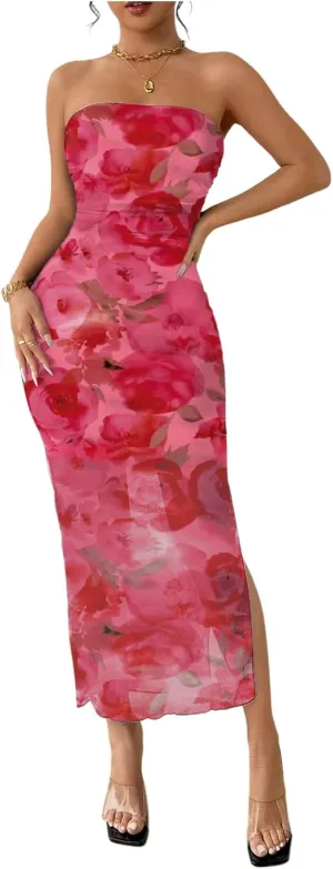 Milumia Women's Summer Printed Ruched Strapless Mesh Tube Dress Split Maxi Dresses