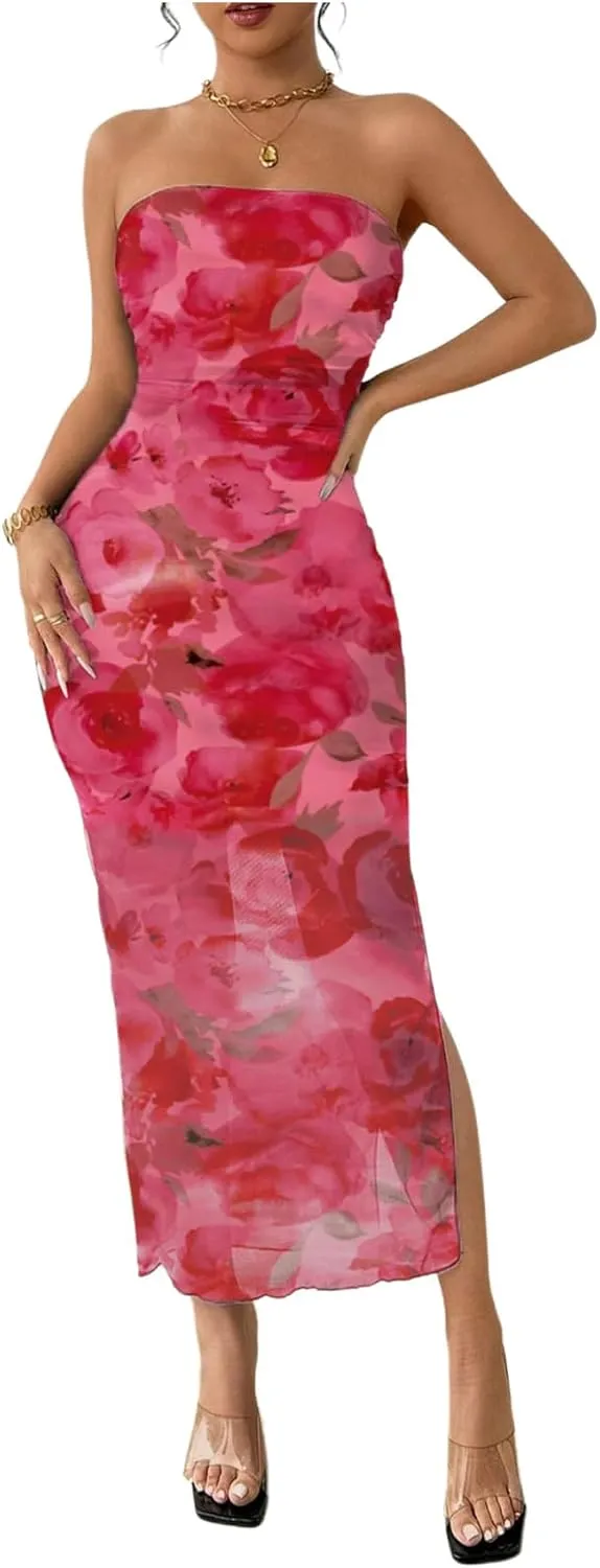 Milumia Women's Summer Printed Ruched Strapless Mesh Tube Dress Split Maxi Dresses