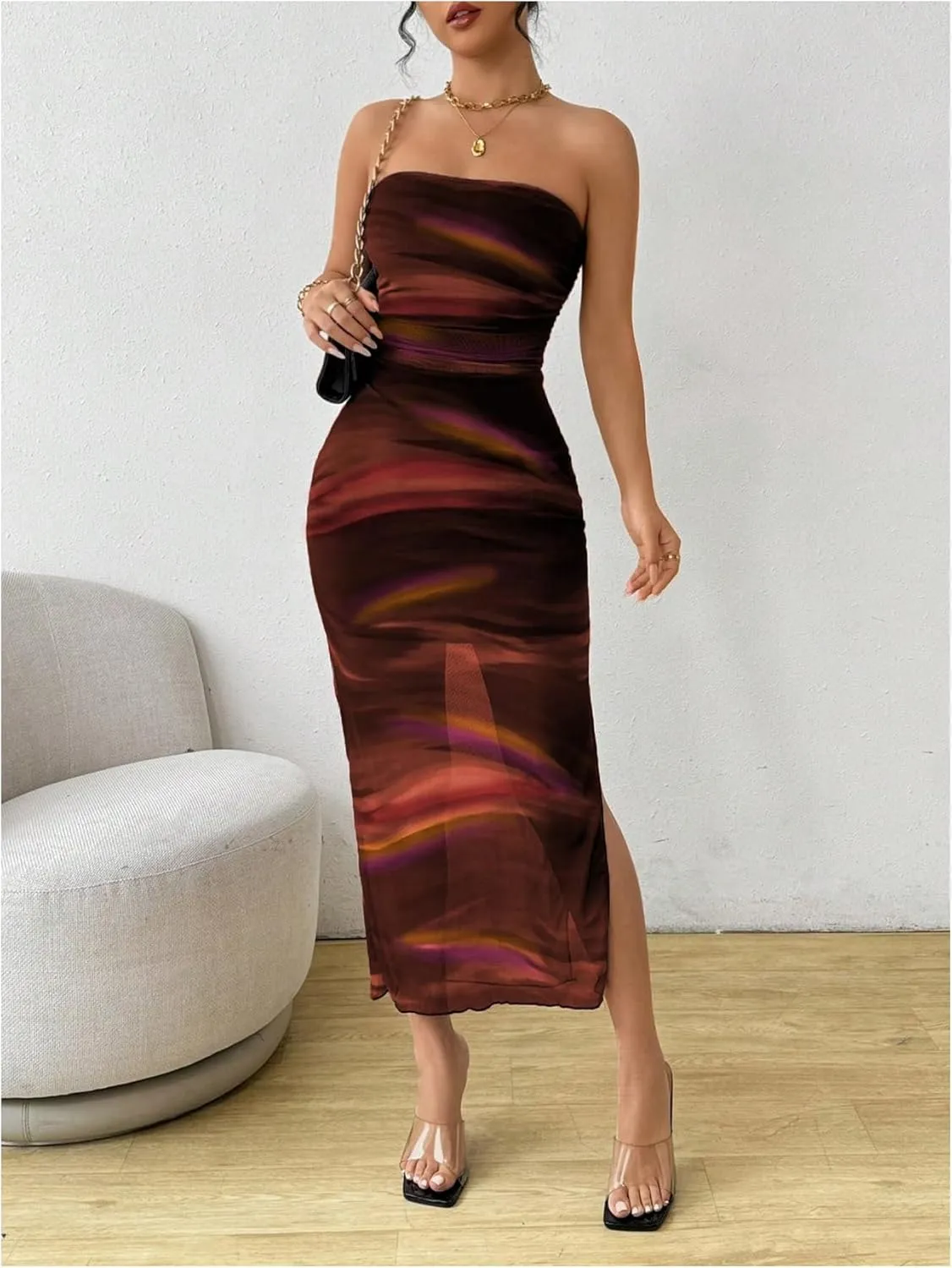Milumia Women's Summer Printed Ruched Strapless Mesh Tube Dress Split Maxi Dresses