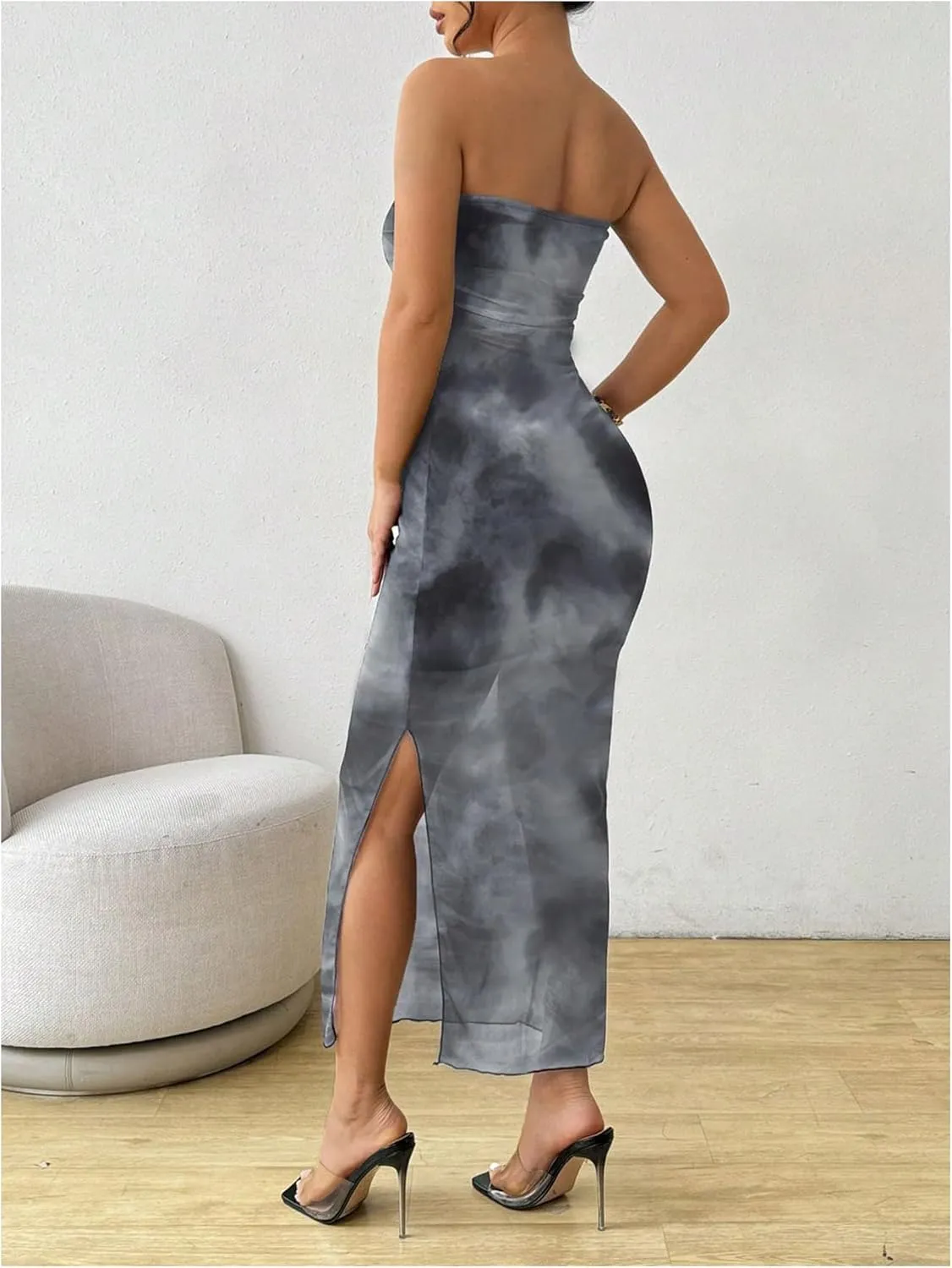 Milumia Women's Summer Printed Ruched Strapless Mesh Tube Dress Split Maxi Dresses