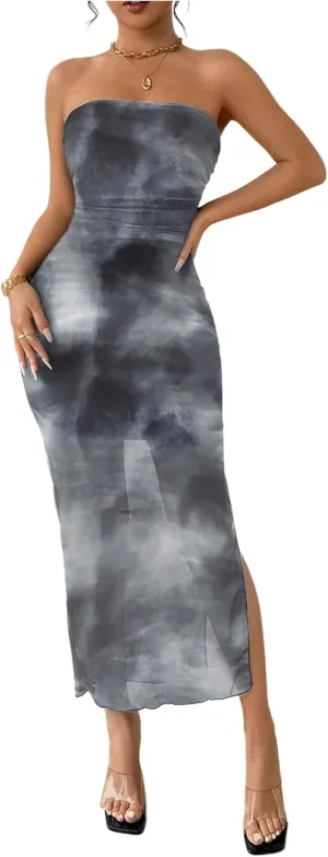 Milumia Women's Summer Printed Ruched Strapless Mesh Tube Dress Split Maxi Dresses