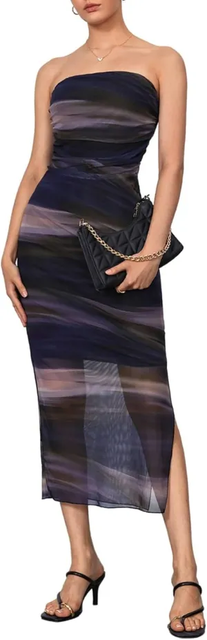 Milumia Women's Summer Printed Ruched Strapless Mesh Tube Dress Split Maxi Dresses