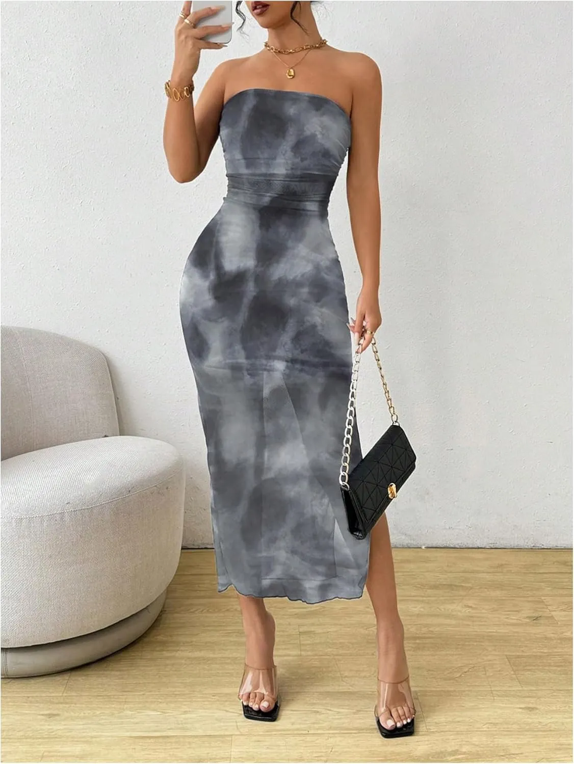 Milumia Women's Summer Printed Ruched Strapless Mesh Tube Dress Split Maxi Dresses