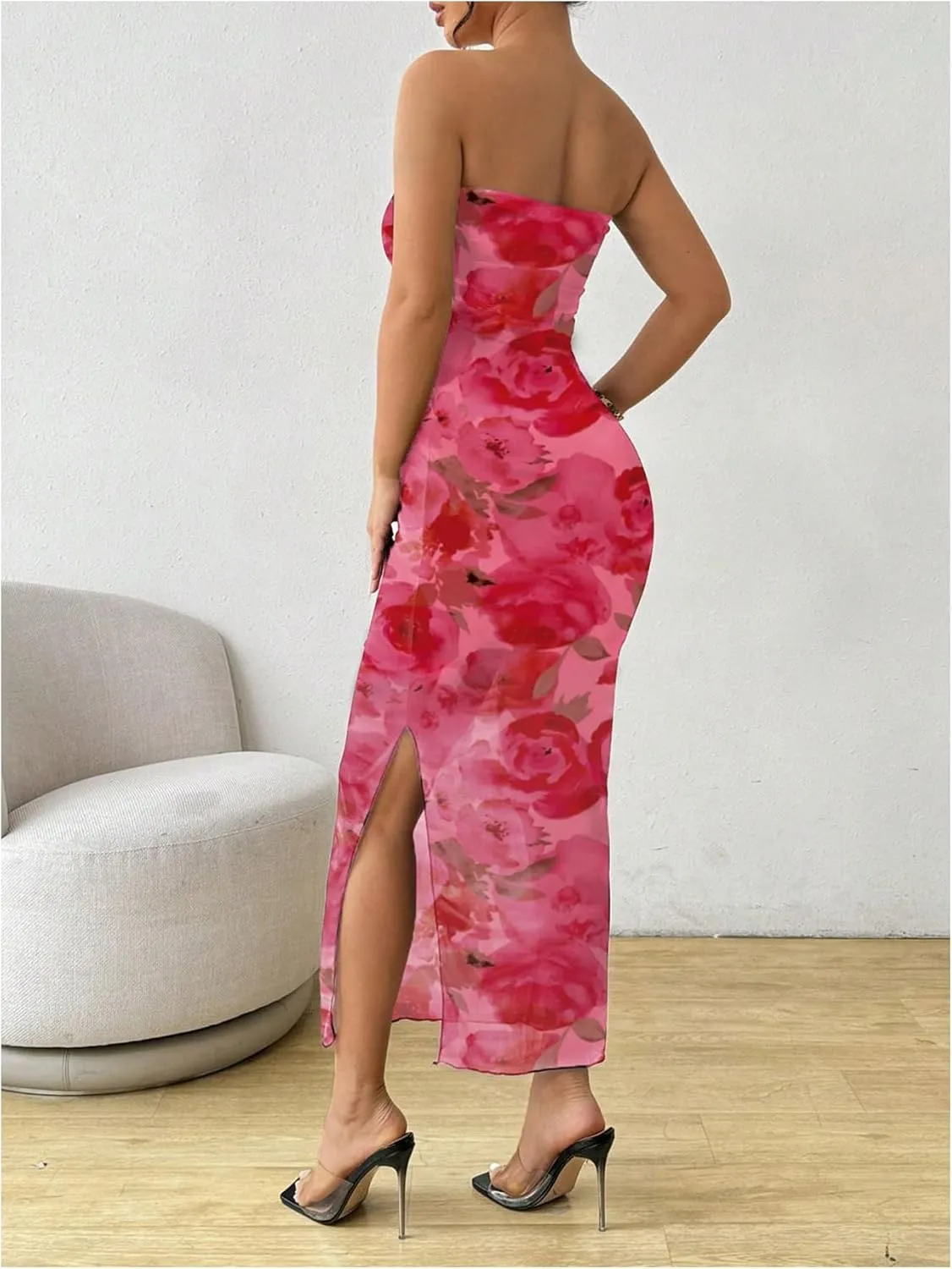 Milumia Women's Summer Printed Ruched Strapless Mesh Tube Dress Split Maxi Dresses