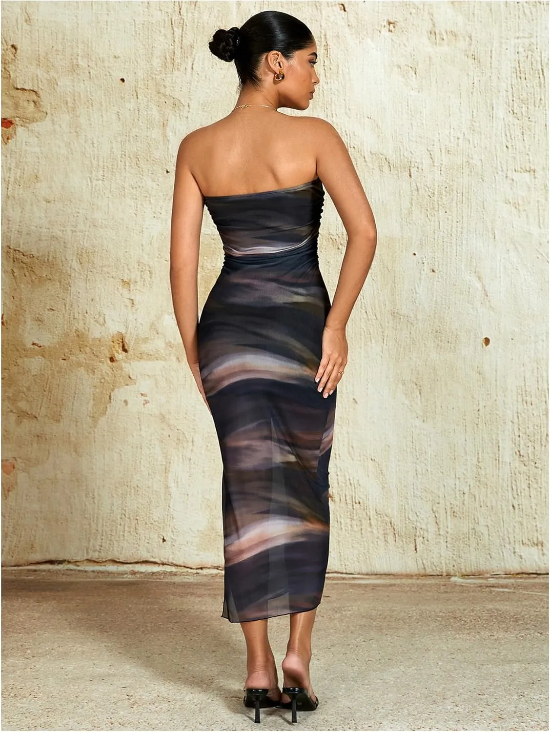 Milumia Women's Summer Printed Ruched Strapless Mesh Tube Dress Split Maxi Dresses