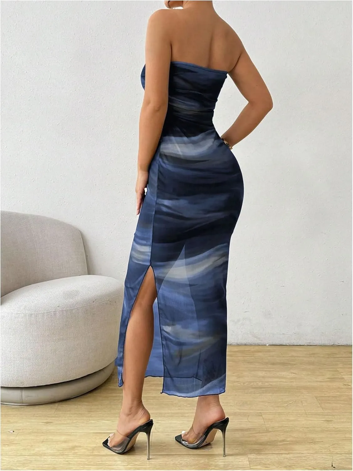 Milumia Women's Summer Printed Ruched Strapless Mesh Tube Dress Split Maxi Dresses