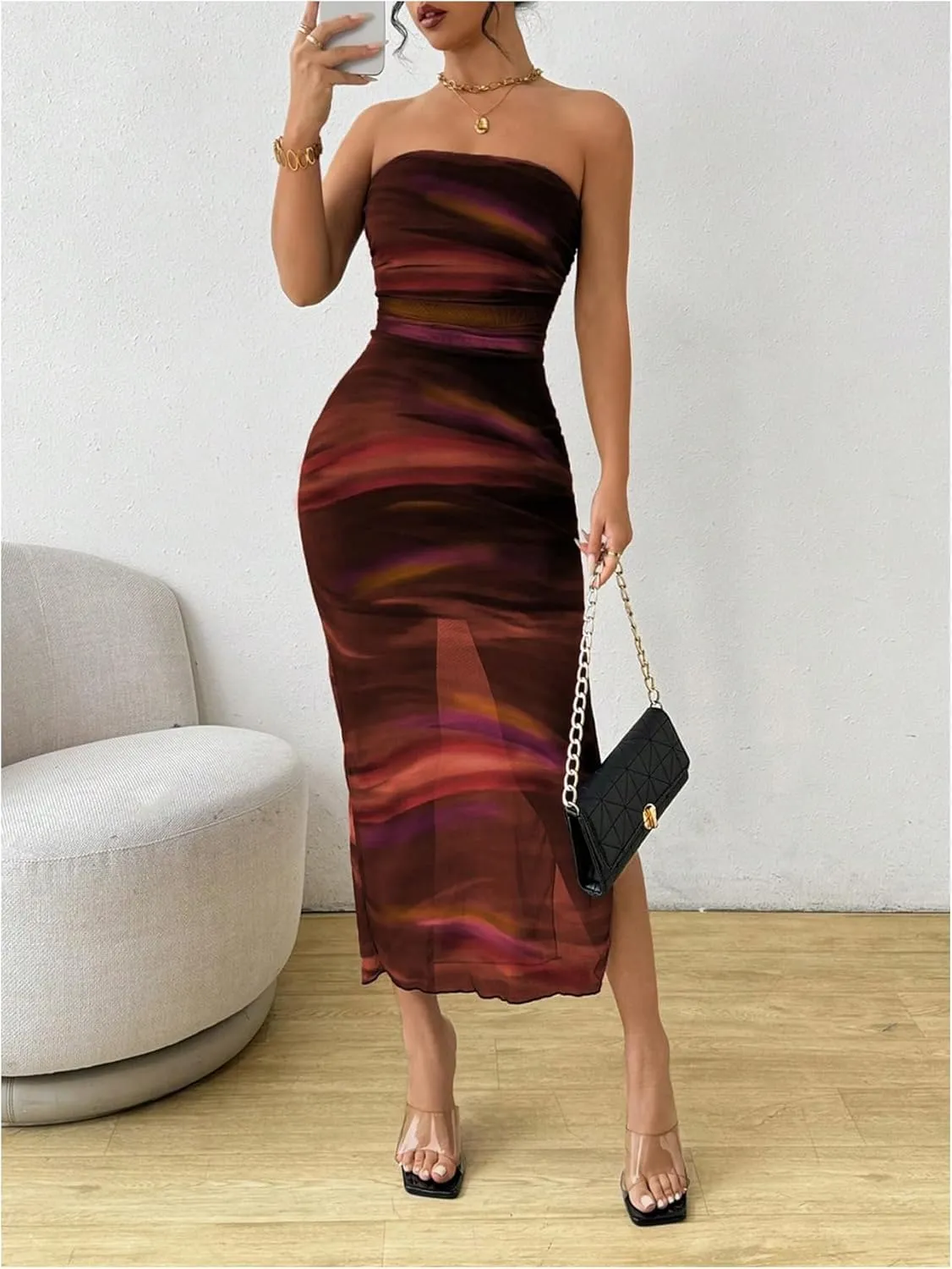 Milumia Women's Summer Printed Ruched Strapless Mesh Tube Dress Split Maxi Dresses