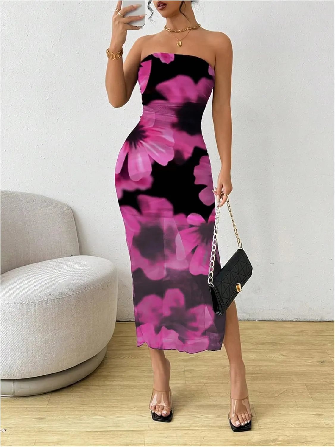 Milumia Women's Summer Printed Ruched Strapless Mesh Tube Dress Split Maxi Dresses