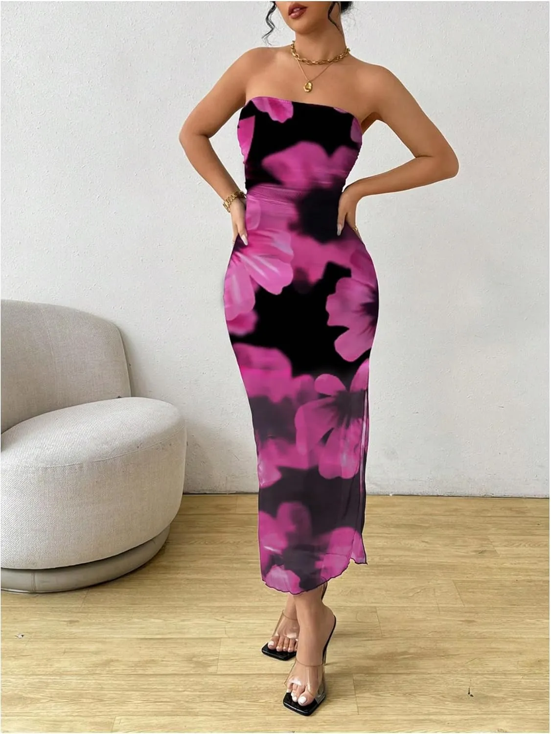 Milumia Women's Summer Printed Ruched Strapless Mesh Tube Dress Split Maxi Dresses