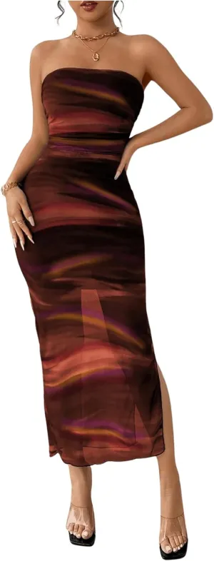 Milumia Women's Summer Printed Ruched Strapless Mesh Tube Dress Split Maxi Dresses