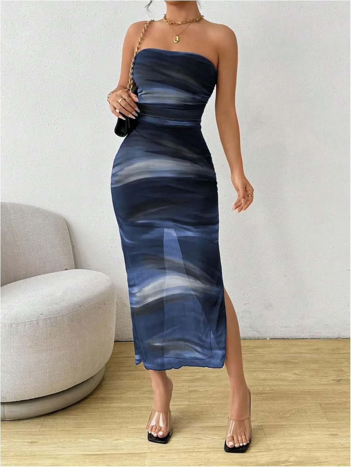 Milumia Women's Summer Printed Ruched Strapless Mesh Tube Dress Split Maxi Dresses